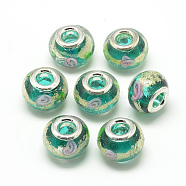 Handmade Gold Sand Lampwork European Beads, with Brass Double Cores, Large Hole Beads, Rondelle, Platinum, Green, 13.5~14.5x10.5~11mm, Hole: 5mm(LAMP-T004-36A)