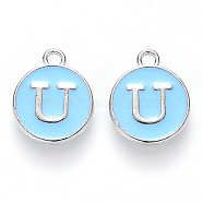 Platinum Plated Alloy Enamel Charms, Cadmium Free & Lead Free, Enamelled Sequins, Flat Round with Letter, Sky Blue, Letter.U, 14x12x2mm, Hole: 1.5mm(ENAM-S118-04U-P)