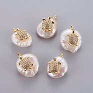 Natural Cultured Freshwater Pearl Pendants, with Brass Micro Pave Cubic Zirconia Cabochons, Nuggets with Tortoise, Clear, Golden, 14~28x12~22x5~12mm, Hole: 1.2mm(PEAR-J004-30G)