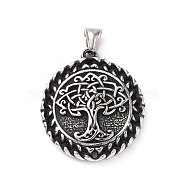 304 Stainless Steel Pendants, Flat Round with Tree, Antique Silver, 43x38x7.5mm, Hole: 4x9mm(STAS-J039-18AS)