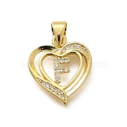 Rack Plating Brass Micro Pave Cubic Zirconia Pendants, Long-Lasting Plated, Lead Free & Cadmium Free,Real 18K Gold Plated, Heart with Letter Charms, Letter F, 17.5x15x2.5mm, Hole: 5x3mm(KK-L226-101G-F)