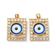 Real 18K Gold Plated Brass Pendants, with Glass and Acrylic, Rectangle with Evil Eye Charms, Blue, 27x20x7mm, Hole: 4.5x4mm(KK-L209-006G-04)