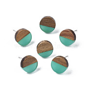 Transparent Resin & Walnut Wood Stud Earrings, with 316 Stainless Steel Pins, Flat Round, Turquoise, 10mm, Pin: 0.7mm(EJEW-N017-008-A04)