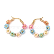 PVD Vacuum Plating 304 Stainless Steel Flower Hoop Earrings, with Glass Seed Beaded, Golden, Colorful, 29.5x5mm(EJEW-U017-01G-03)