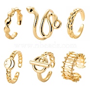 6Pcs 6 Styles Brass Cuff Rings, Open Rings, Long-Lasting Plated, Ring with Bar & Snake & Rhombus & Twist & Smiling Face, Real 18K Gold Plated, Inner Diameter: 16~18mm, 1pc/style(RJEW-LS0001-32G)