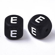 Food Grade Eco-Friendly Silicone Beads, Horizontal Hole, Chewing Beads For Teethers, DIY Nursing Necklaces Making, Cube, Black, Letter.E, 12x12x12mm, Hole: 2mm(SIL-T055-E)