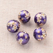 Flower Picture Printed Glass Round Beads, Blue Violet, 10mm, Hole: 1mm(GLAA-J089-10mm-B03)