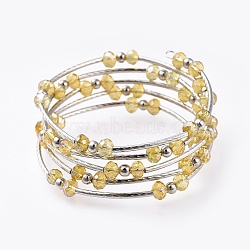 Five Loops Fashion Wrap Bracelets, with Rondelle Glass Beads, Iron Spacer Beads, Brass Tube Beads and Steel Memory Wire, Platinum, Yellow, 2 inch(5.2cm)(BJEW-JB04595-04)