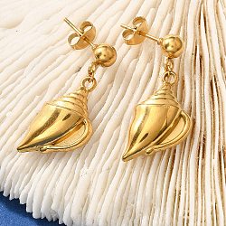 304 Stainless Steel Dangle Stud Earrings, Real 18K Gold Plated, Shell Shape, 28x12.5mm(EJEW-P298-01B-G)