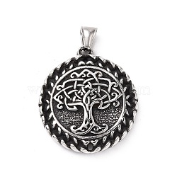 304 Stainless Steel Pendants, Flat Round with Tree, Antique Silver, 43x38x7.5mm, Hole: 4x9mm(STAS-J039-18AS)