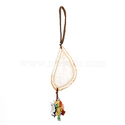 Natural Agate Slice Pendant Decorations, Braided Polyester Thread and Gemstone Chip Tassel Hanging Ornaments, White, 205~210mm(HJEW-K046-03F)