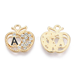 Alloy Enamel Pendants, with Crystal Rhinestone, Cadmium Free & Lead Free, Apple with Initial Letter, Light Gold, Letter.A, 16.5x16x2mm, Hole: 1.8mm(ENAM-T013-12KC-A)