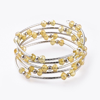 Five Loops Fashion Wrap Bracelets, with Rondelle Glass Beads, Iron Spacer Beads, Brass Tube Beads and Steel Memory Wire, Platinum, Yellow, 2 inch(5.2cm)