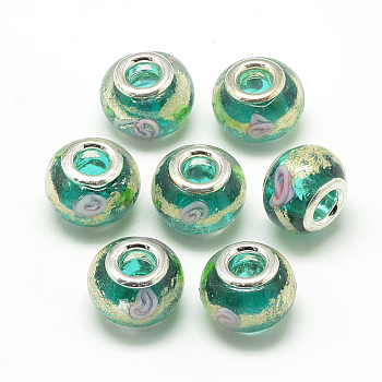 Handmade Gold Sand Lampwork European Beads, with Brass Double Cores, Large Hole Beads, Rondelle, Platinum, Green, 13.5~14.5x10.5~11mm, Hole: 5mm