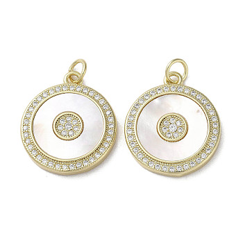 Brass Micro Pave Cubic Zirconia Pendants, with Shell, Flat Round, Real 18K Gold Plated, Donut, 21x18x3~3.5mm, Hole: 3.5mm