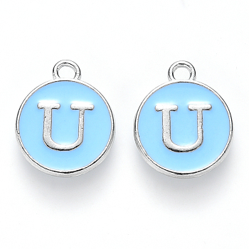 Platinum Plated Alloy Enamel Charms, Cadmium Free & Lead Free, Enamelled Sequins, Flat Round with Letter, Sky Blue, Letter.U, 14x12x2mm, Hole: 1.5mm