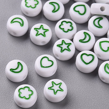 White Opaque Acrylic Beads, Flat Round with Heart & Flower & Moon & Star, Medium Sea Green, 7x4mm, Hole: 1.6mm