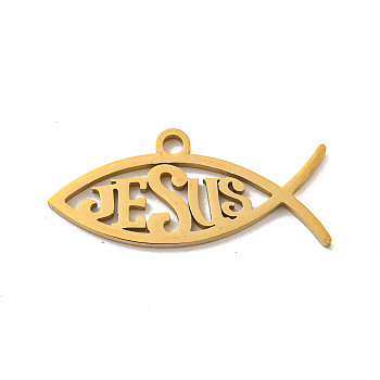 304 Stainless Steel Pendants, Laser Cut, Jesus Fish Charm, Real 18K Gold Plated, 13x29x1.5mm, Hole: 2mm