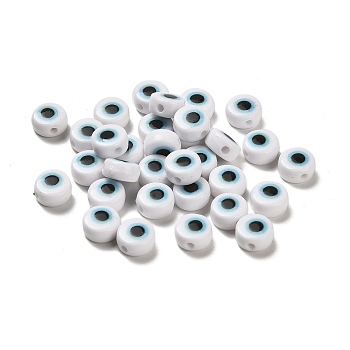 Spray Painted Acrylic Beads, Flat Round with Eye, Black, 7x4mm, Hole: 1.5mm
