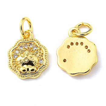 Rack Plating Brass Micro Pave Cubic Zirconia Charms, with Jump Ring, Tiger, Real 18K Gold Plated, 12x9.5x2.2mm, Hole: 3.2mm