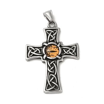 304 Stainless Steel Big Pendants, with Resin Eye. Cross Charm, Antique Silver, Sandy Brown, 56.5x38x5.5mm, Hole: 8.5x3mm