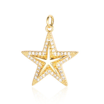 Brass Micro Pave Clear Cubic Zirconia Pendants, Star Charms, Real 18K Gold Plated, 25x22x3.4mm