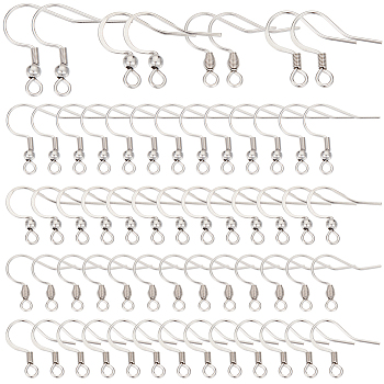 240Pcs 4 Styles 304 Stainless Steel French Earring Hooks, Flat Earring Hooks, Ear Wire, with Horizontal Loop, Stainless Steel Color, 14~20x14~20x2~3mm, Hole: 2mm, 21 Gauge, Pin: 0.7mm, 60pcs/style