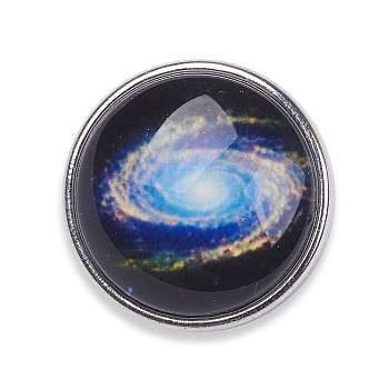 Brass Buttons, Jewelry Snap Buttons, with Luminous Glass Cabochon, Starry Sky Pattern, Flat Round, Platinum, Colorful, 18x10mm, Knob: 5.5mm