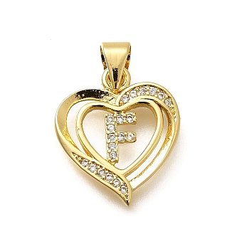 Rack Plating Brass Micro Pave Cubic Zirconia Pendants, Long-Lasting Plated, Lead Free & Cadmium Free,Real 18K Gold Plated, Heart with Letter Charms, Letter F, 17.5x15x2.5mm, Hole: 5x3mm