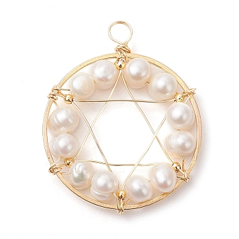 Natural Cultured Freshwater Pearl Round Beaded Ring Pendants, Copper Wire Wrapped Star of David Charms, Golden, 37x29.5x6.5mm, Hole: 4mm