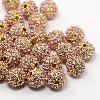 Alloy Rhinestone Beads, Grade A, Round, Golden Metal Color, Light Rose, 10mm