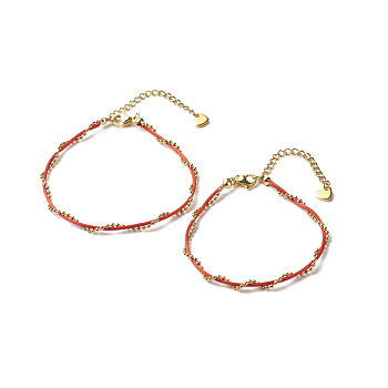 Nylon Cord & 304 Stainless Steel Ball Chain Bracelet for Couples, Red, 7-1/8~7-5/8 inch(18~19.5cm), 2pcs/set 