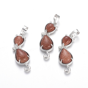 Synthetic Goldstone Kitten Pendants, with Platinum Tone Brass Findings, Cat with Bowknot Shape, 35.5x12x6mm, Hole: 5x7mm