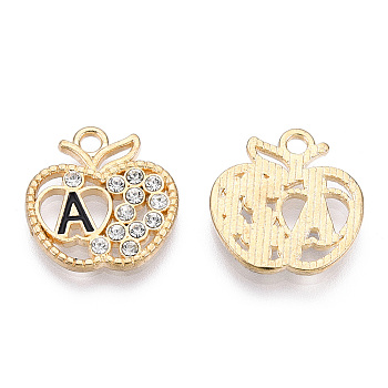 Alloy Enamel Pendants, with Crystal Rhinestone, Cadmium Free & Lead Free, Apple with Initial Letter, Light Gold, Letter.A, 16.5x16x2mm, Hole: 1.8mm
