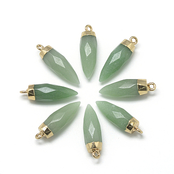 Natural Green Aventurine Pointed Pendants, with Brass Findings, Faceted, Bullet, Golden, 25~27x8mm, Hole: 2mm