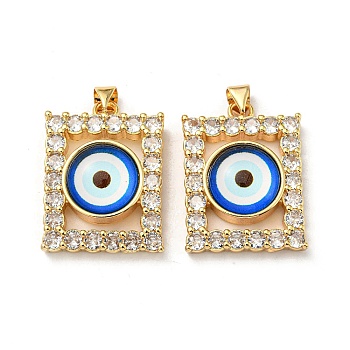 Real 18K Gold Plated Brass Pendants, with Glass and Acrylic, Rectangle with Evil Eye Charms, Blue, 27x20x7mm, Hole: 4.5x4mm