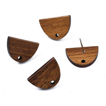 20 Pairs Walnut Wood Stud Earring Findings, with Hole and 304 Stainless Steel Pin, Half Round, Peru, 12.5x18mm, Hole: 1.8mm, Pin: 0.7mm