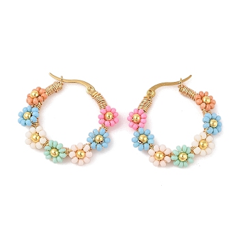 PVD Vacuum Plating 304 Stainless Steel Flower Hoop Earrings, with Glass Seed Beaded, Golden, Colorful, 29.5x5mm