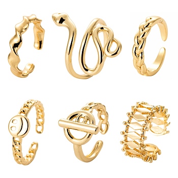 6Pcs 6 Styles Brass Cuff Rings, Open Rings, Long-Lasting Plated, Ring with Bar & Snake & Rhombus & Twist & Smiling Face, Real 18K Gold Plated, Inner Diameter: 16~18mm, 1pc/style