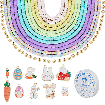 DIY Easter Bracelet Making Kit, Including Rabbit & Carrot & Egg Alloy Enamel Pendants, Polymer Clay Disc & Brass Beads, Mixed Color, 4180~4490Pcs/bag