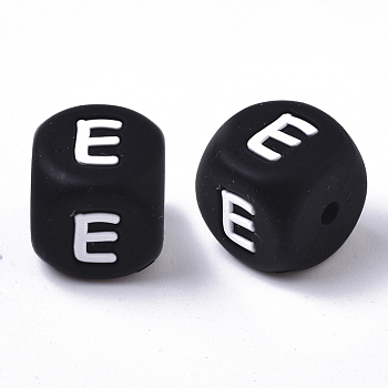 Food Grade Eco-Friendly Silicone Beads, Horizontal Hole, Chewing Beads For Teethers, DIY Nursing Necklaces Making, Cube, Black, Letter.E, 12x12x12mm, Hole: 2mm