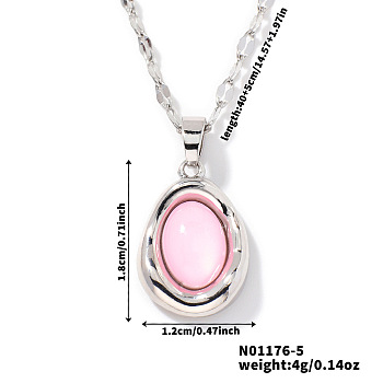 Elegant Oval Brass Pendant Necklaces, with Dapped Chain for Women, Pink, 15.75 inch(40cm)