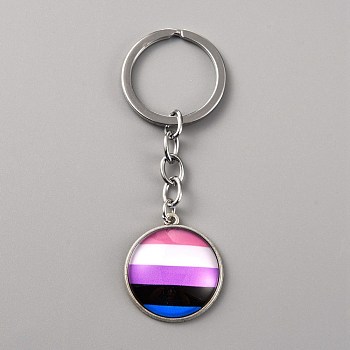 Glass Keychain, with Platinum Plated Iron Split Key Rings, Flat Round with Striped Pattern, Colorful, 8.5cm
