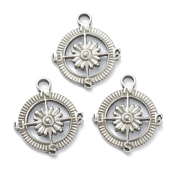 304 Stainless Steel Pendants, Flat Round with Compass, Stainless Steel Color, 17x15x2mm, Hole: 2mm