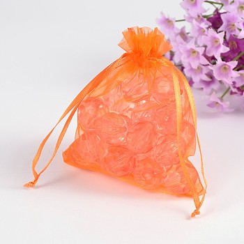 Organza Gift Bags, with Drawstring, Rectangle, Orange, 12x10cm