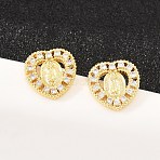 Brass Micro Pave Clear Cubic Zirconia Stud Earrings, Heart with Virgin Mary, Long-Lasting Plated, Rack Plating, Lead Free & Cadmium Free, Real 18K Gold Plated, 11x11mm(EJEW-F405-17G)