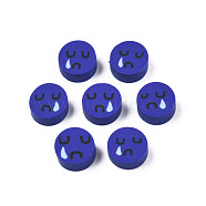 Handmade Polymer Clay Beads, Flat Round with Expression, Medium Blue, 9~10x4~5mm, Hole: 1.6mm(CLAY-N008-065-A01)