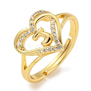 Heart with Letter Rack Plating Brass Micro Pave Clear Cubic Zirconia Adjustable Rings for Women, Lead Free & Cadmium Free, Real 18K Gold Plated, Letter J, Inner Diameter: 16mm(RJEW-I105-01G-J)