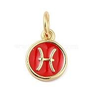 Real 18K Gold Plated Brass Enamel Charms, with Jump Ring, Long-Lasting Plated, Lead Free & Cadmium Free, Flat Round with Pisces Charms, Red, 10x8x1mm, Hole: 4mm(KK-L216-001G-A03)