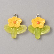 Translucent Resin Pendants, Glitter Flower Charms with Platinum Tone Iron Loops, Gold, 25x22.5x5.5mm, Hole: 2mm(RESI-TAC0019-09B)